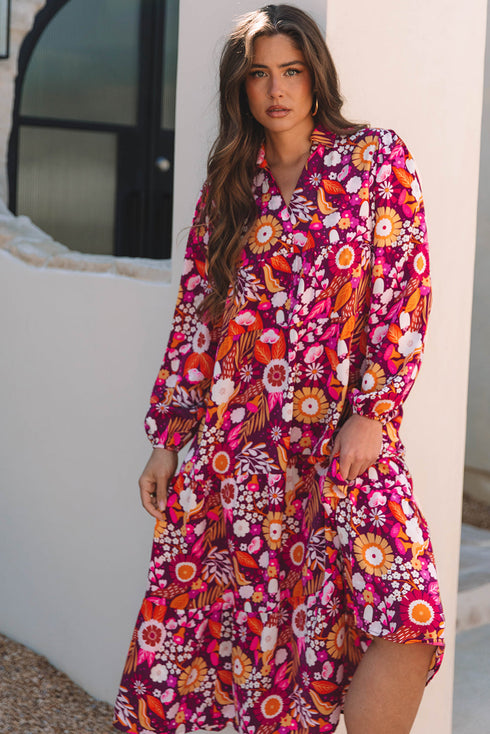 Floral Print Puff Sleeve Collared Tiered Flowy Maxi Dress