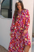 Floral Print Puff Sleeve Collared Tiered Flowy Maxi Dress