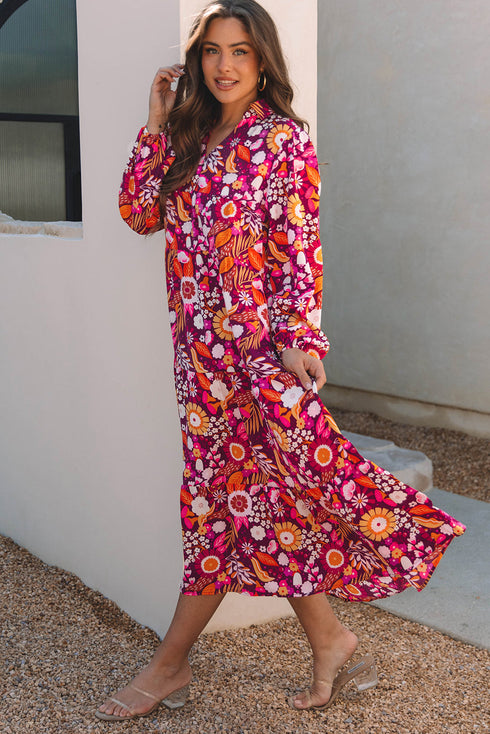 Floral Print Puff Sleeve Collared Tiered Flowy Maxi Dress