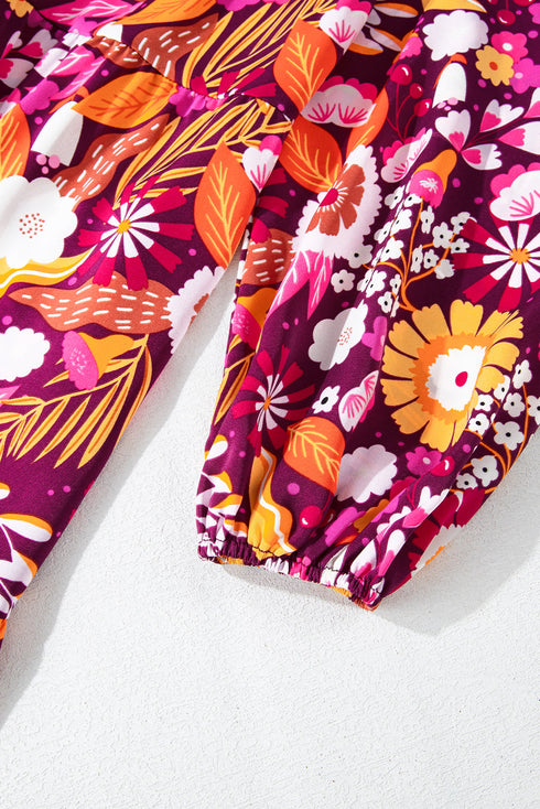 Floral Print Puff Sleeve Collared Tiered Flowy Maxi Dress
