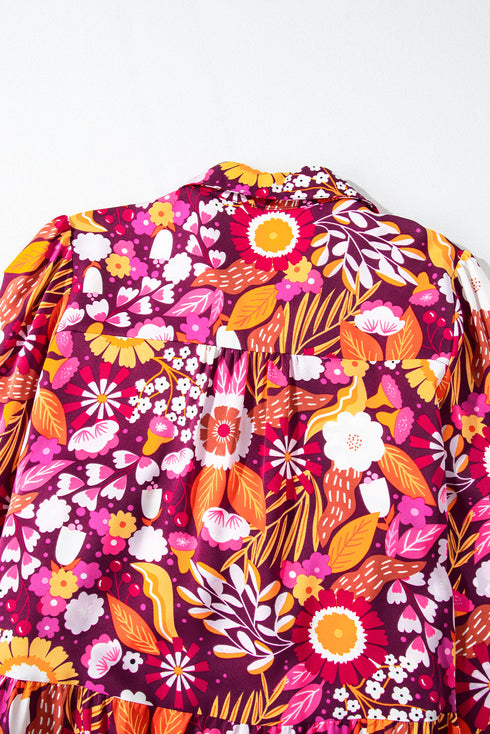 Floral Print Puff Sleeve Collared Tiered Flowy Maxi Dress