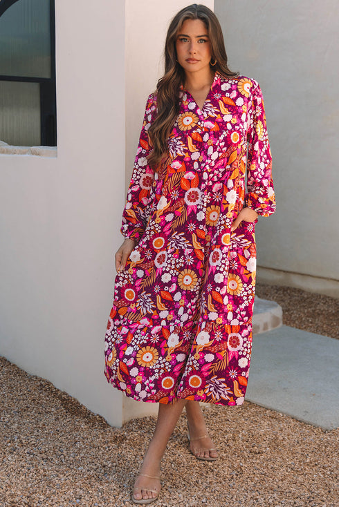Floral Print Puff Sleeve Collared Tiered Flowy Maxi Dress