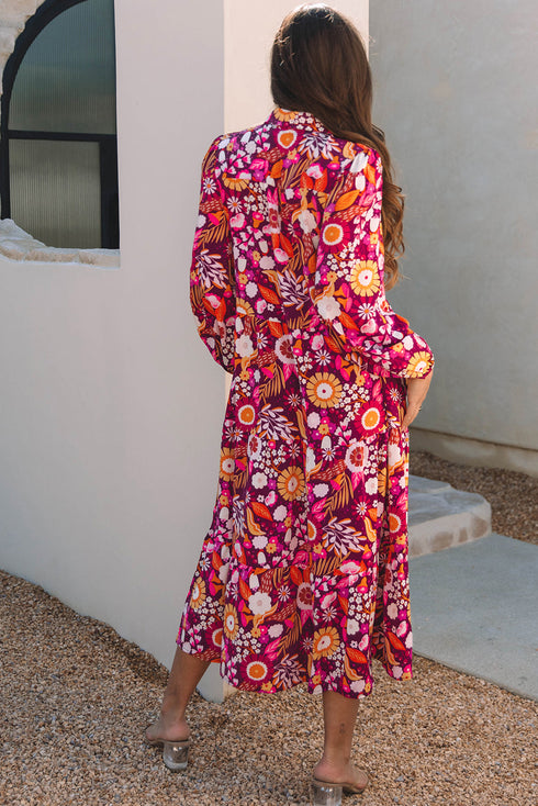 Floral Print Puff Sleeve Collared Tiered Flowy Maxi Dress