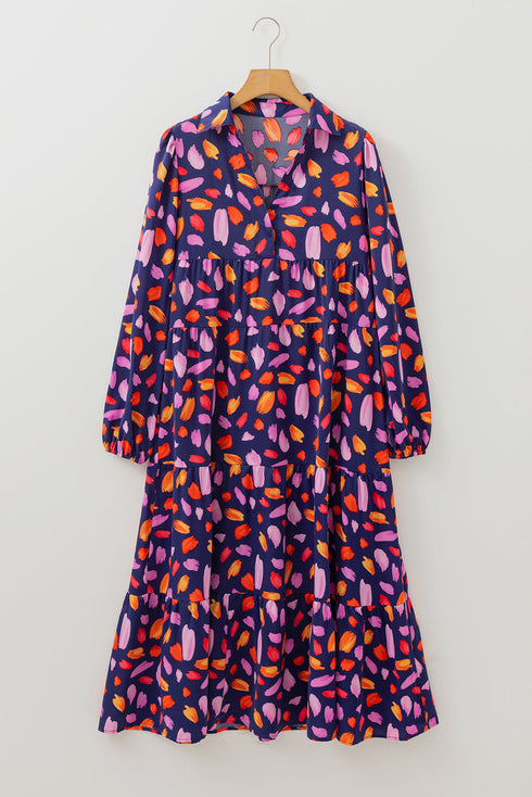Floral Print Puff Sleeve Collared Tiered Flowy Maxi Dress