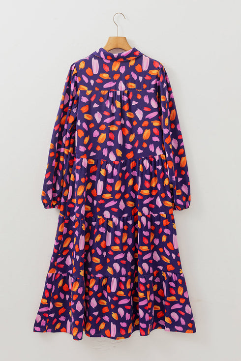 Floral Print Puff Sleeve Collared Tiered Flowy Maxi Dress