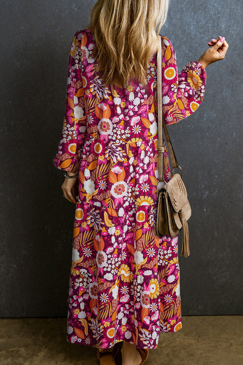Floral Print Puff Sleeve Collared Tiered Flowy Maxi Dress