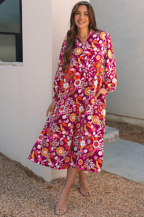 Floral Print Puff Sleeve Collared Tiered Flowy Maxi Dress
