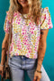 Floral Print Puff Sleeve Crewneck Relaxed Fit Blouse