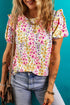 Floral Print Puff Sleeve Crewneck Relaxed Fit Blouse