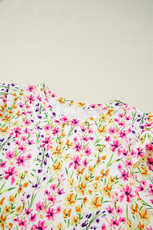 Floral Print Puff Sleeve Crewneck Relaxed Fit Blouse