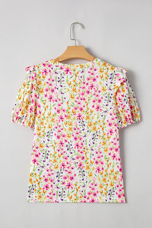 Floral Print Puff Sleeve Crewneck Relaxed Fit Blouse