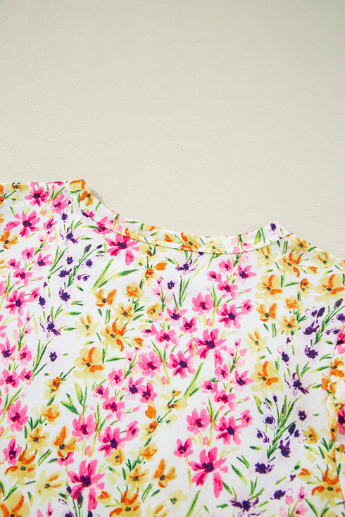 Floral Print Puff Sleeve Crewneck Relaxed Fit Blouse