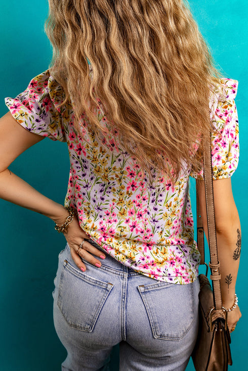 Floral Print Puff Sleeve Crewneck Relaxed Fit Blouse