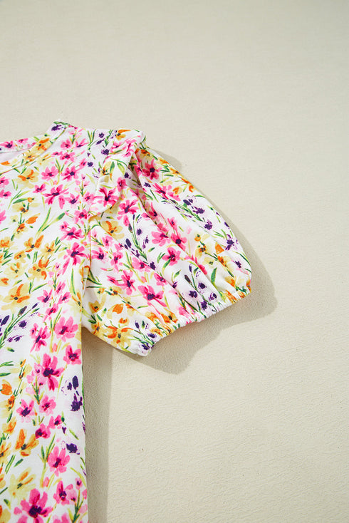 Floral Print Puff Sleeve Crewneck Relaxed Fit Blouse