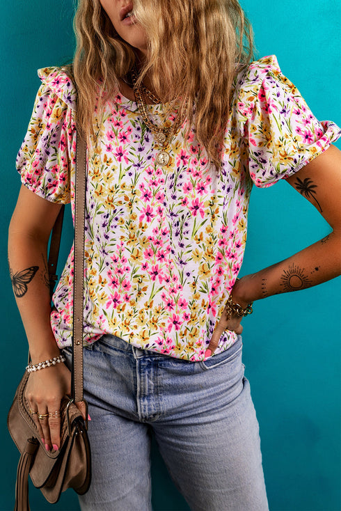 Floral Print Puff Sleeve Crewneck Relaxed Fit Blouse