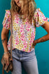 Floral Print Puff Sleeve Crewneck Relaxed Fit Blouse
