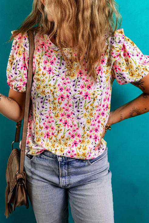 Floral Print Puff Sleeve Crewneck Relaxed Fit Blouse