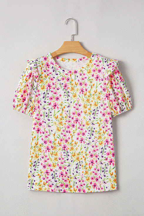 Floral Print Puff Sleeve Crewneck Relaxed Fit Blouse