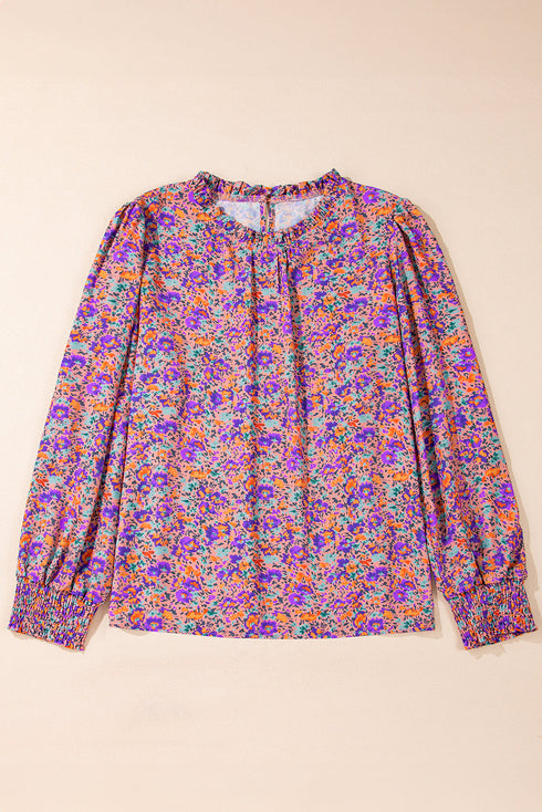 Floral Print Puff Sleeve Frilled Neck Woven Blouse
