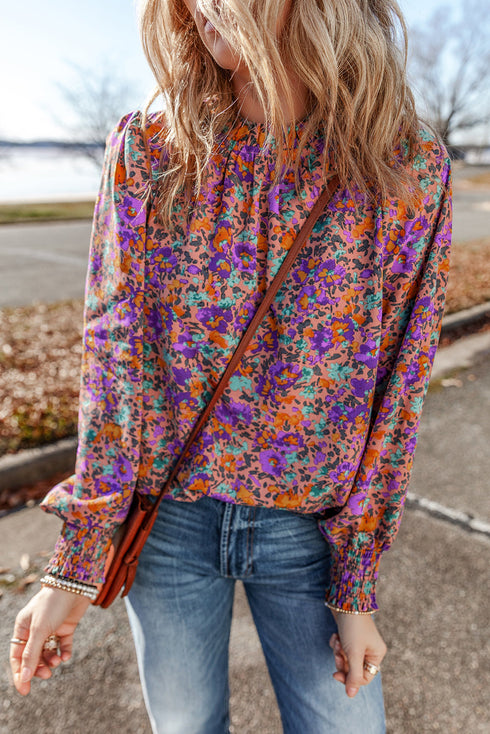 Floral Print Puff Sleeve Frilled Neck Woven Blouse