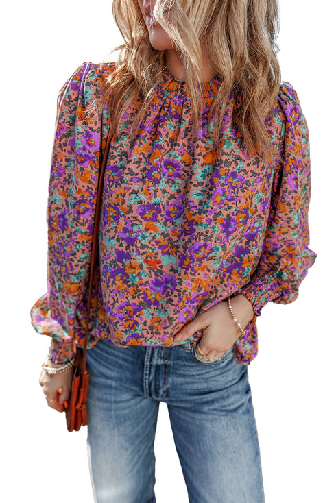 Floral Print Puff Sleeve Frilled Neck Woven Blouse