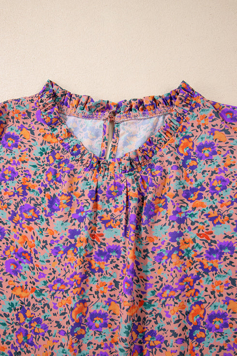 Floral Print Puff Sleeve Frilled Neck Woven Blouse