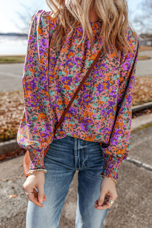 Floral Print Puff Sleeve Frilled Neck Woven Blouse
