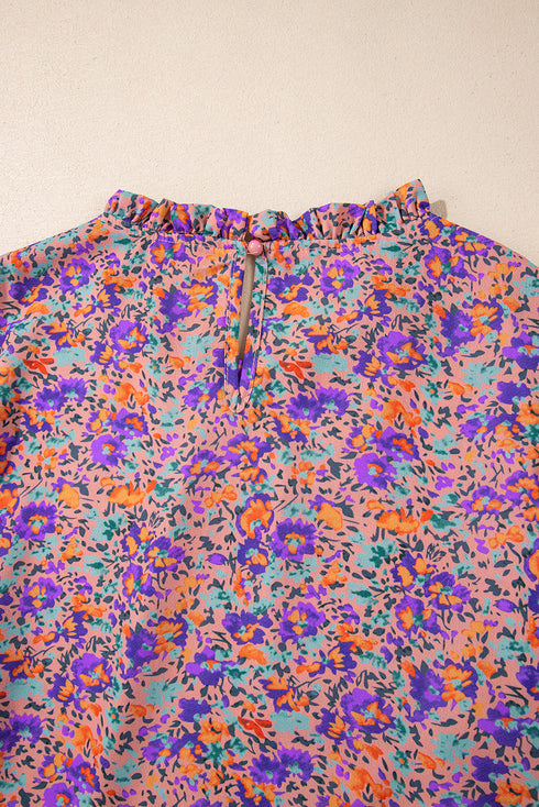 Floral Print Puff Sleeve Frilled Neck Woven Blouse