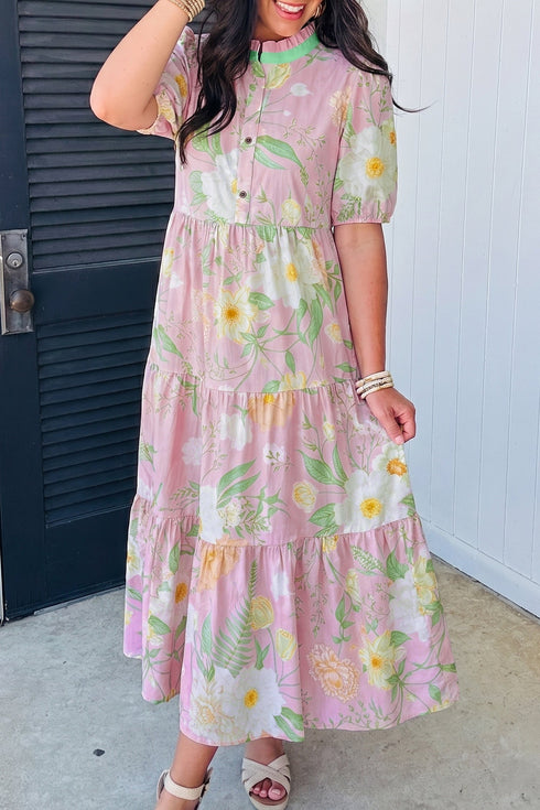 Floral Print Puff Sleeve High Waist Tiered Maxi Dress