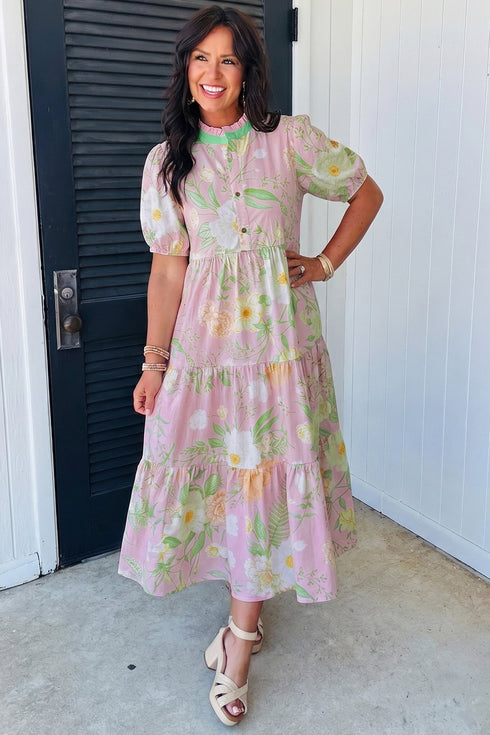 Floral Print Puff Sleeve High Waist Tiered Maxi Dress