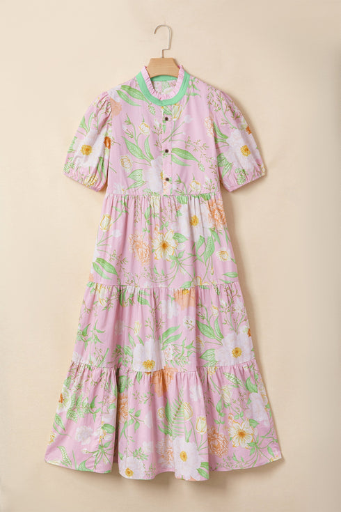 Floral Print Puff Sleeve High Waist Tiered Maxi Dress