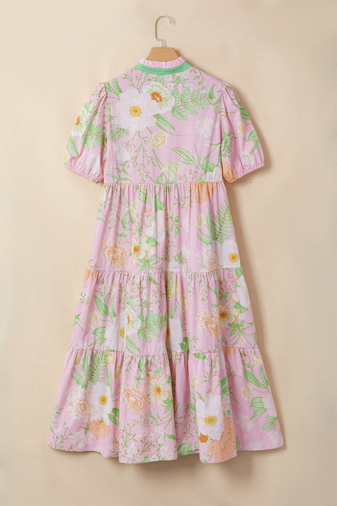 Floral Print Puff Sleeve High Waist Tiered Maxi Dress