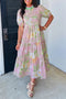 Floral Print Puff Sleeve High Waist Tiered Maxi Dress