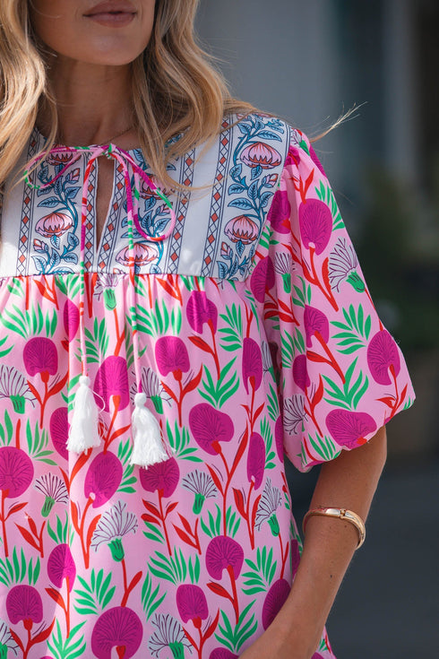 Floral Print Puff Sleeve Patchwork Tassel Tie Blouse