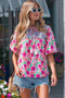 Floral Print Puff Sleeve Patchwork Tassel Tie Blouse