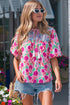 Floral Print Puff Sleeve Patchwork Tassel Tie Blouse