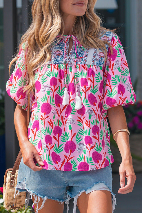 Floral Print Puff Sleeve Patchwork Tassel Tie Blouse