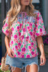 Floral Print Puff Sleeve Patchwork Tassel Tie Blouse