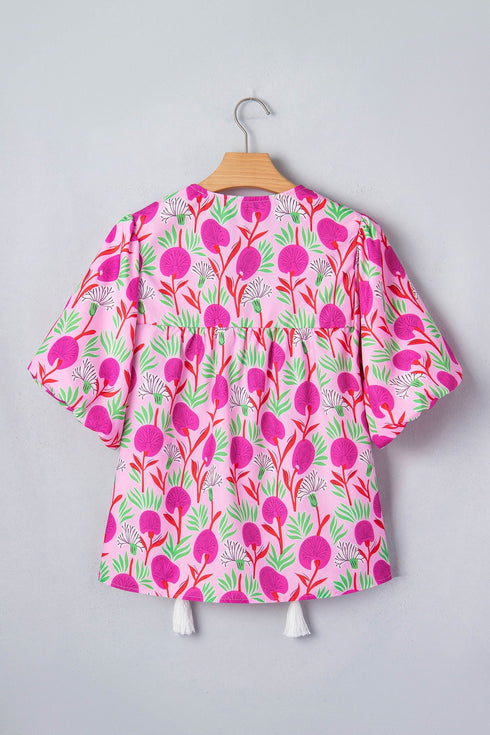 Floral Print Puff Sleeve Patchwork Tassel Tie Blouse