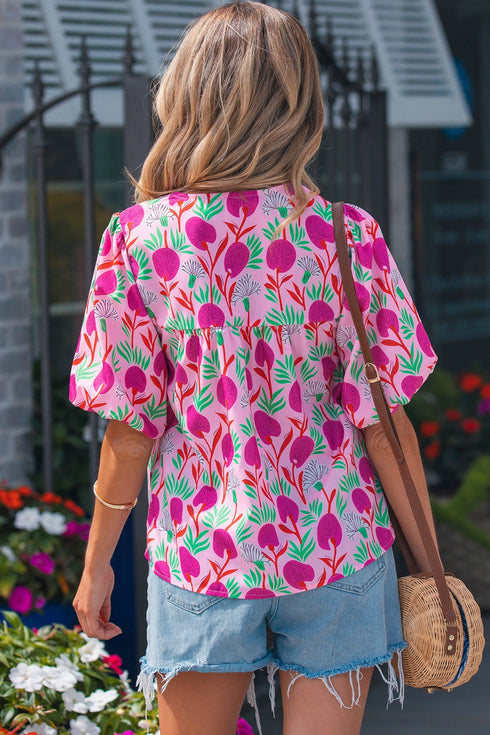 Floral Print Puff Sleeve Patchwork Tassel Tie Blouse