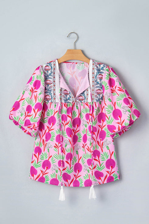 Floral Print Puff Sleeve Patchwork Tassel Tie Blouse