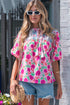 Floral Print Puff Sleeve Patchwork Tassel Tie Blouse