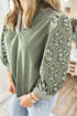 Floral Print Puff Sleeve Patchwork V Neck Blouse
