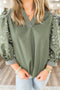 Floral Print Puff Sleeve Patchwork V Neck Blouse