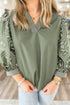 Floral Print Puff Sleeve Patchwork V Neck Blouse
