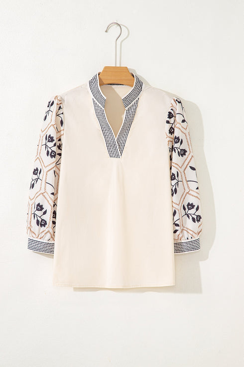 Floral Print Puff Sleeve Patchwork V Neck Blouse