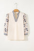 Floral Print Puff Sleeve Patchwork V Neck Blouse