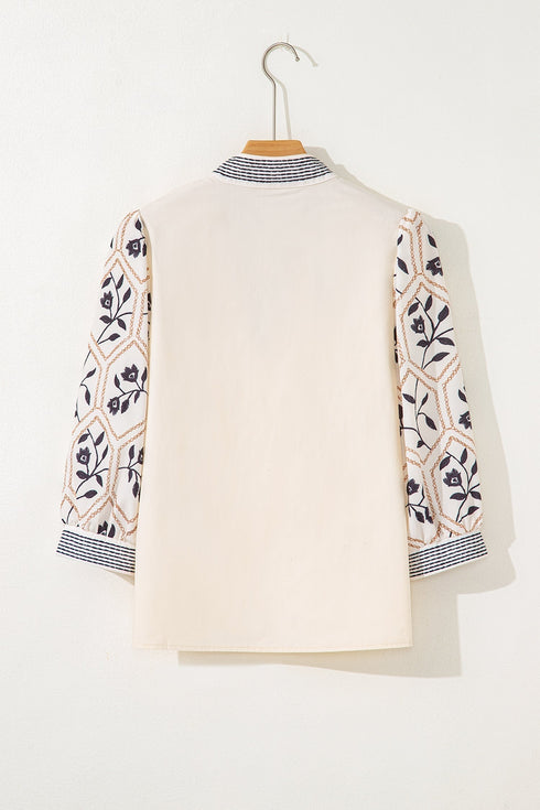 Floral Print Puff Sleeve Patchwork V Neck Blouse