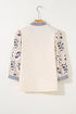 Floral Print Puff Sleeve Patchwork V Neck Blouse