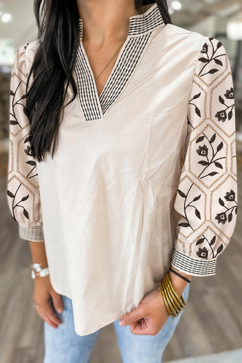 Floral Print Puff Sleeve Patchwork V Neck Blouse